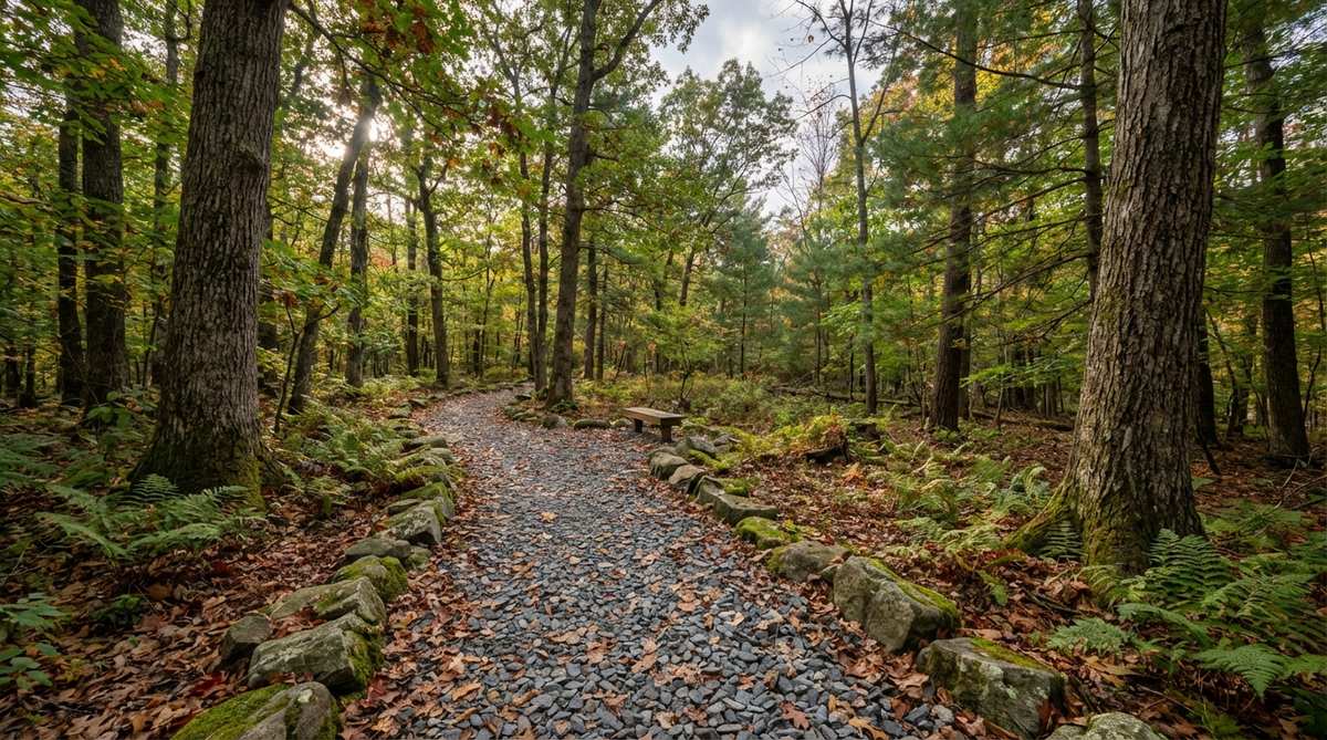 A natural woodland hiking path made of brown or gray angular crushed stone, blending with forest floor textures and leaf litter. The path is installed with a 3-inch crushed base on mineral soil, edged with native fieldstone or naturalized borders, providing a firm, permeable surface that minimizes erosion and allows rainwater infiltration.
