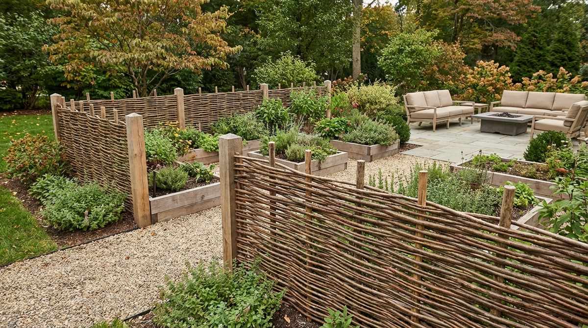 Traditional woven branch hurdle fence made from flexible willow or hazel branches woven between vertical stakes in an over-under pattern. This rustic garden fencing technique creates durable barriers with medieval character as branches dry and lock into place.