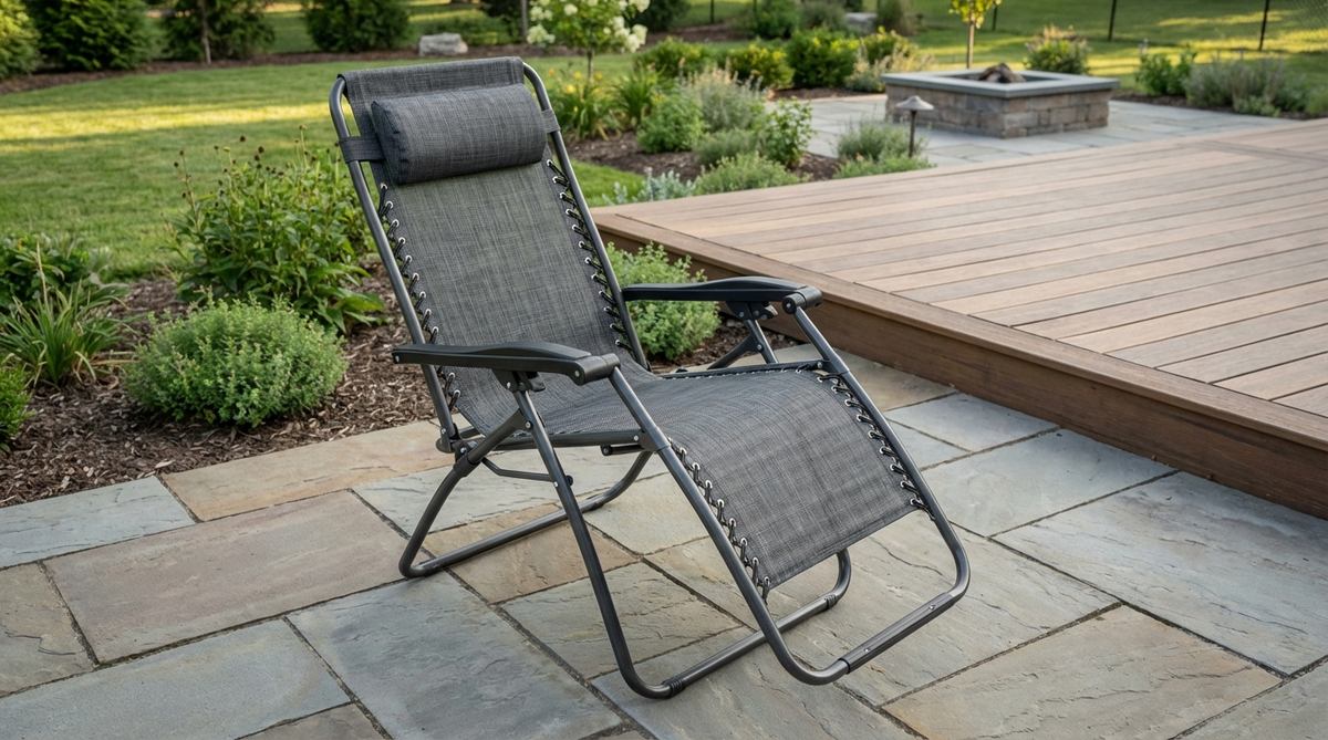 A modern zero-gravity recliner for outdoor use, featuring weather-resistant fabric, multi-position locking mechanism, breathable mesh, powder-coated steel frame, and removable headrest pillow.