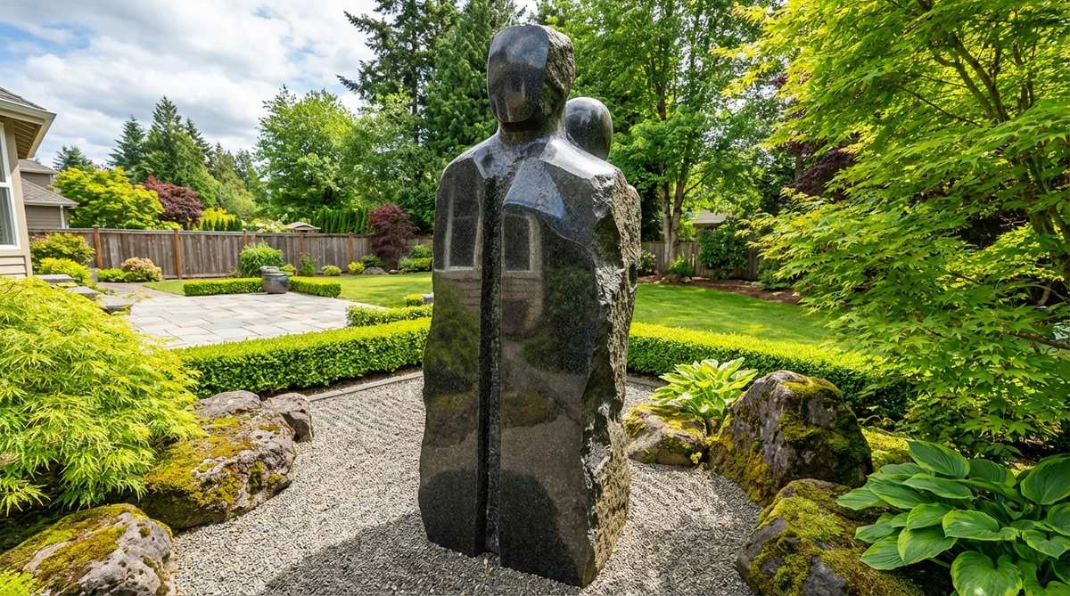A dark granite abstract stone figure in a zen garden, featuring simplified human forms with minimal detail that create changing light reflections throughout the day. This imposing vertical element serves as a singular focal point against bright green surroundings, allowing personal interpretation through its ambiguous features.