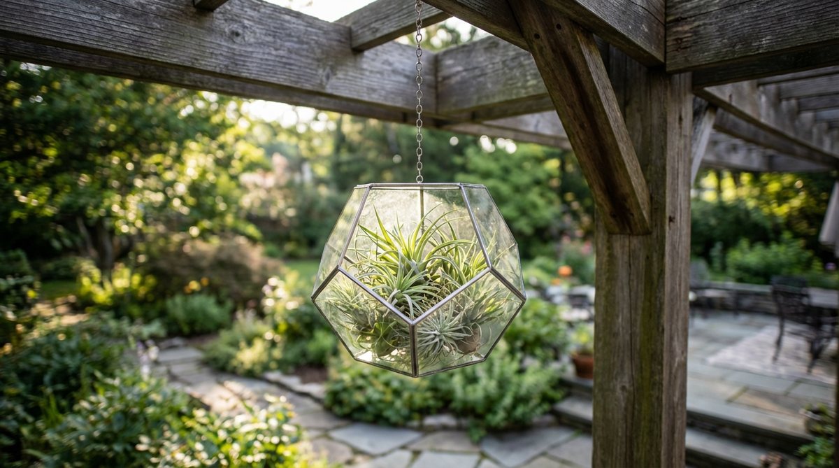 A geometric glass terrarium filled with air plants, hanging from a pergola corner in an outdoor setting. The transparent vessel showcases the epiphytic plants thriving without soil, with morning light illuminating the display for a floating garden effect.