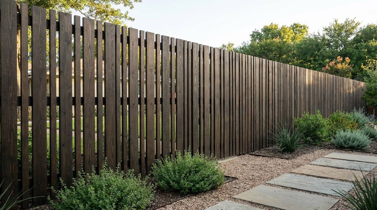 A modern garden fence featuring alternating four-inch and two-inch vertical slats, creating a rhythmic pattern with consistent spacing. This design offers textural variation using standard lumber, suitable for dark stains or natural finishes, ideal for long runs in contemporary outdoor spaces.