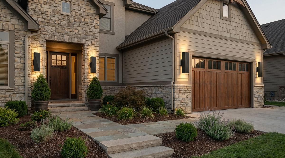 Geometric wall-mounted fixtures in matte black or bronze casting dramatic up-and-down light patterns. These sculptural forms serve as daytime art while providing functional illumination at night, perfect for mounting flanking garage doors or beside front entries for architectural emphasis. Features integrated LED arrays with 50,000-hour lifespan.