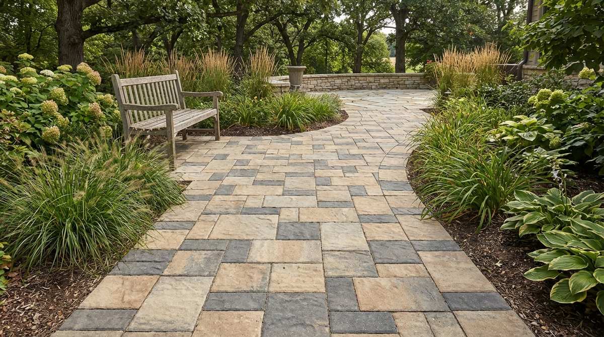 A sophisticated ashlar pattern stone garden path featuring three to four different paver sizes in a repeating modular arrangement. This structured layout mimics ancient stone flooring while providing contemporary versatility, creating visual interest without randomness. Perfect for transitions between outdoor spaces like pathways and patios in traditional or transitional garden styles.