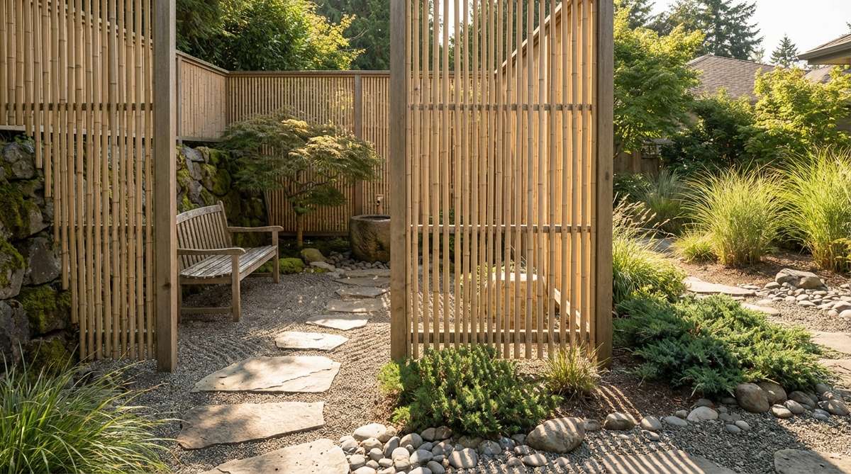 A bamboo screen enclosure in a zen garden, featuring vertical slat bamboo fencing that creates a semi-private meditation alcove. The slats are spaced three to four inches apart, filtering harsh sunlight while maintaining a visual connection with the broader garden, drawing eyes upward and defining distinct zones.