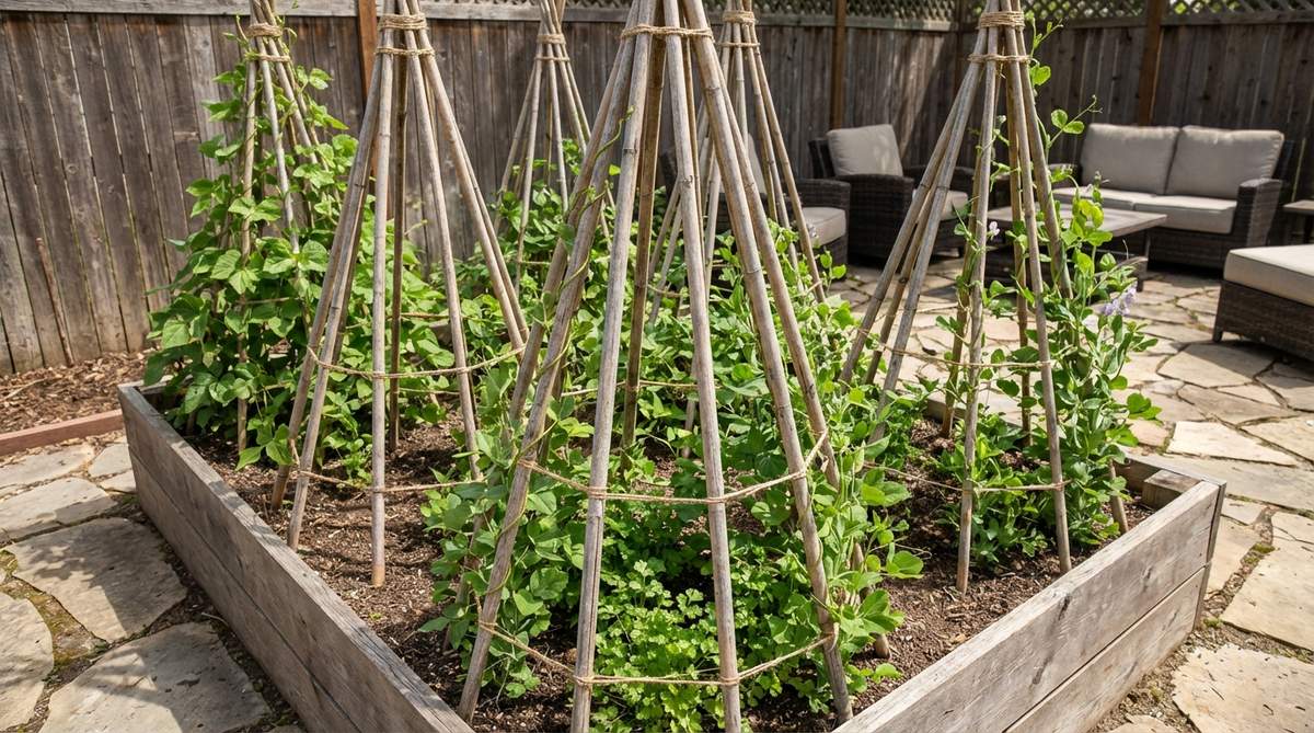 A rustic bamboo teepee cluster in a raised garden bed, featuring bamboo poles arranged in a circle and secured at the top with twine to form cone-shaped structures. Pole beans or sweet peas spiral upward around the base, providing vertical interest and support for heavy crops. The open centers of the teepees offer shelter for heat-sensitive herbs like cilantro, enhancing the eco-friendly and charming design of the garden.