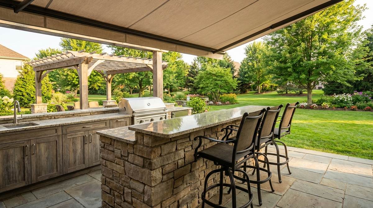 A 42-inch bar-height counter with swivel counter stools positioned along a patio's kitchen-facing edge, creating an elevated dining area perfect for casual meals and entertaining. The counter serves as a buffet during parties with waterproof cabinets underneath, while swivel stools with backs provide comfort without occupying much floor space. A roof overhang or retractable awning offers protection from sun and rain, and the elevated position allows diners to enjoy views of the entire patio and yard.