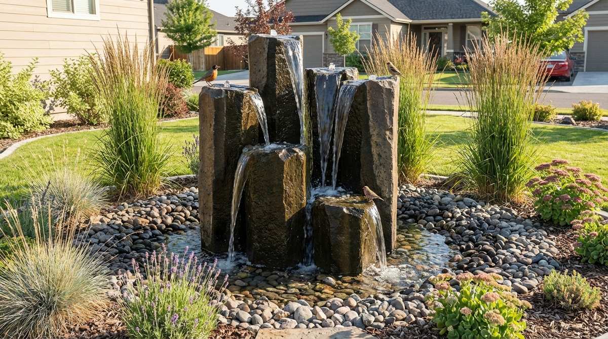 Vertical basalt column water feature with gentle sheeting flow across dark textured stone surfaces, surrounded by cobble mulch in a garden setting. Suitable for heights from 18 inches to 6 feet, functioning as both decorative ornament and noise-masking element that attracts birds and beneficial insects.
