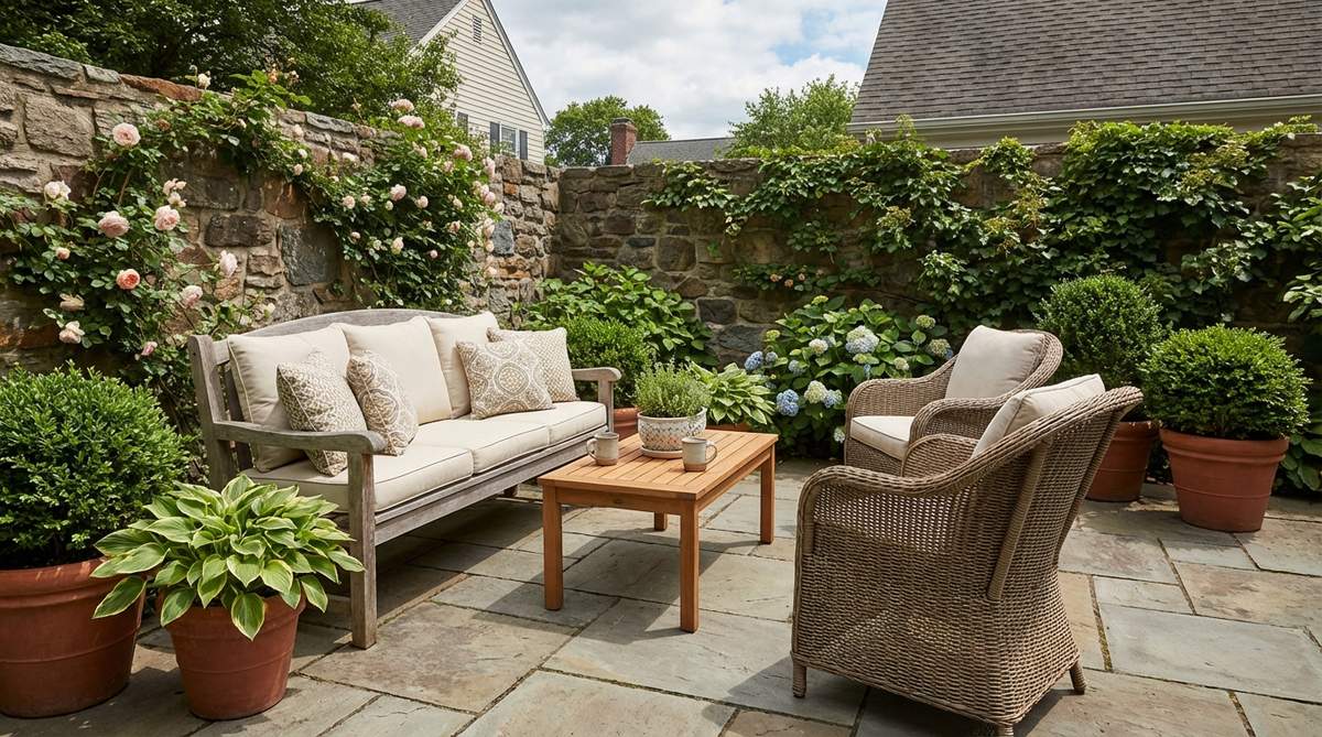 A cozy garden corner setup featuring a bench against a wall with cushions, a small rectangular table, and two chairs opposite, creating flexible seating for 2-3 people in a space-efficient arrangement.