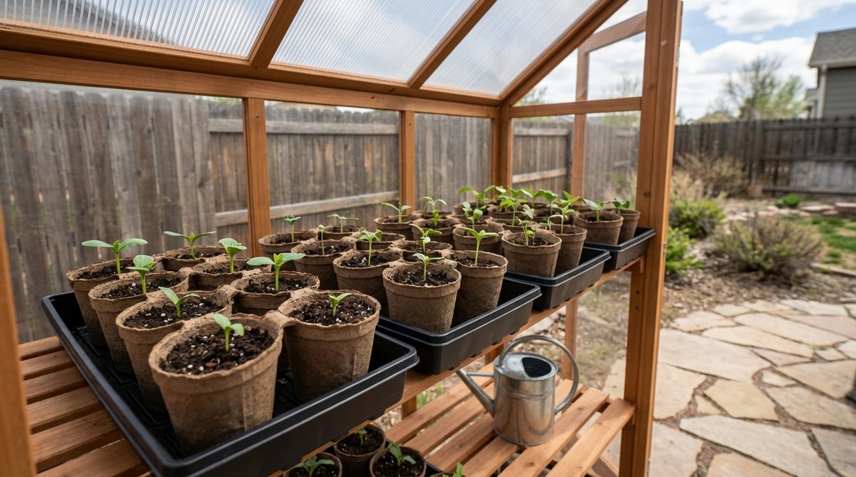A biodegradable paper pot chain system in a mini greenhouse, showing interconnected paper pots arranged in trays for easy transplanting of root-sensitive crops like cucurbits and legumes.