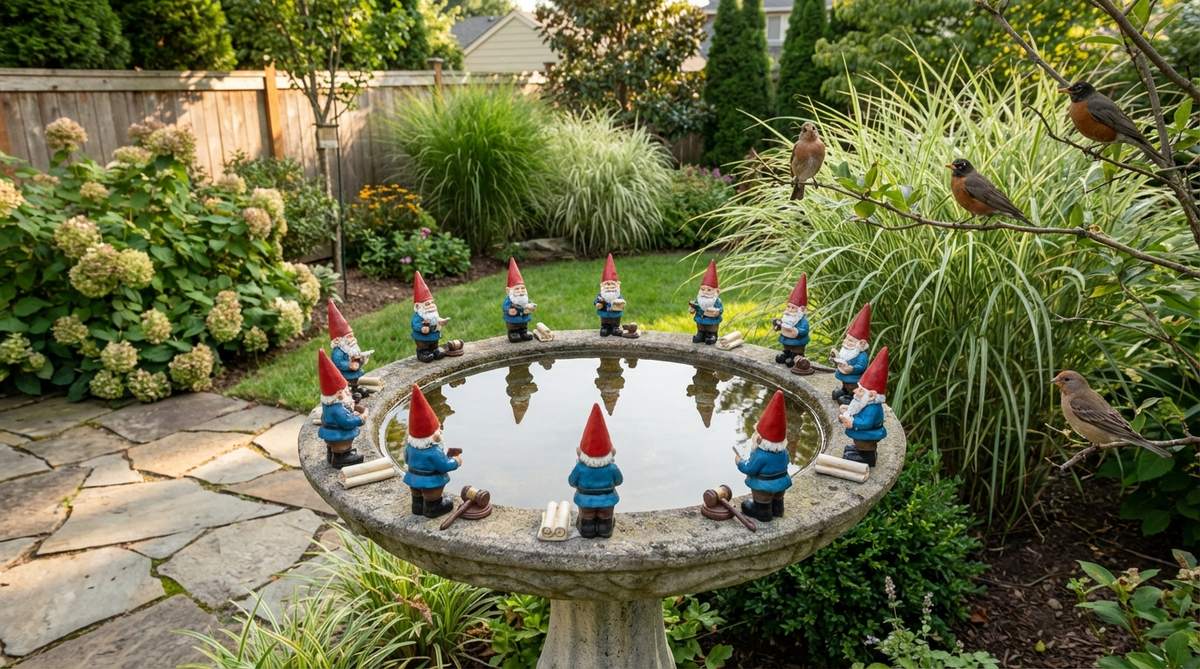 A charming scene of mini garden gnomes arranged around the rim of a birdbath, appearing to hold a meeting over the water. The gnomes, with coordinated red hats or blue jackets, create a ceremonial focal point that enhances the birdbath and encourages birdwatching in a whimsical garden setting.