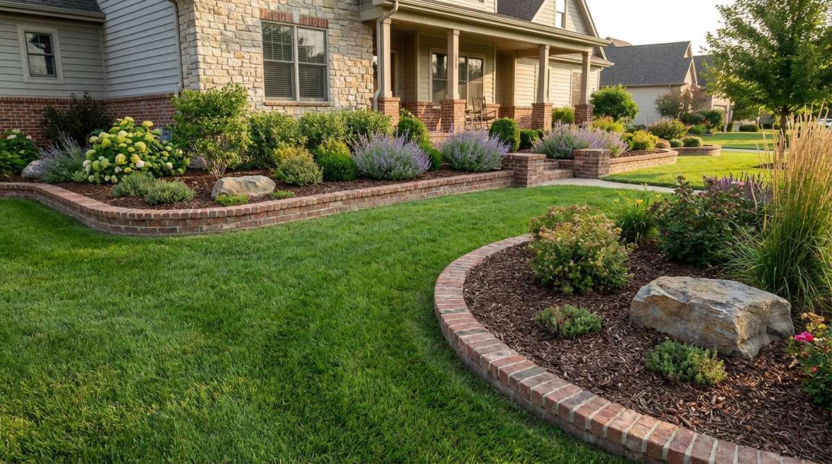 A garden design featuring brick or stone edging that defines planting beds with natural materials, adding heritage character and textural contrast against lawn and plants. Shows soldier-style or sailor-style layout with materials matching home construction for architectural cohesion.