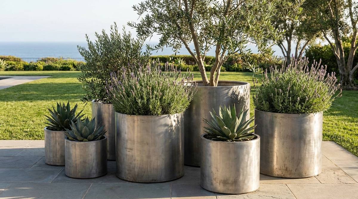 A set of brushed aluminum contemporary cylinder planters showcasing an industrial aesthetic, ideal for modern outdoor decor with heat-tolerant Mediterranean plants, suitable for both commercial and residential landscapes, and resistant to corrosion in coastal environments.