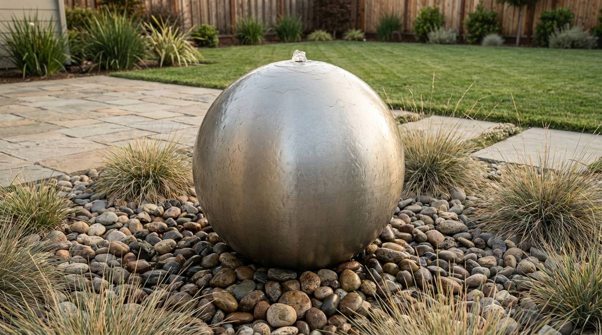 A contemporary garden fountain featuring a brushed steel textured sphere with subtle matte finish that reduces glare while showcasing water flow patterns. Perfect for modern rock gardens or minimalist landscapes, this fountain develops character over time without showing water spots prominently.