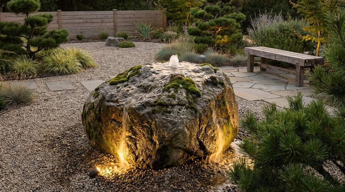 A natural boulder with water bubbling from its summit and cascading down textured sides, illuminated by LED uplighting that creates a glowing focal point in a modern Japanese garden setting.