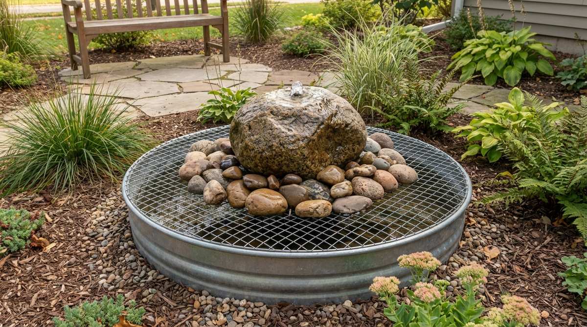 A bubbling rock feature using a galvanized tub buried at ground level, covered with wire mesh and river rocks, with a pump centered beneath a drilled boulder or stacked stone formation. This design is ideal for small garden spaces, providing a subtle water sound to attract birds without creating standing water that breeds mosquitoes.
