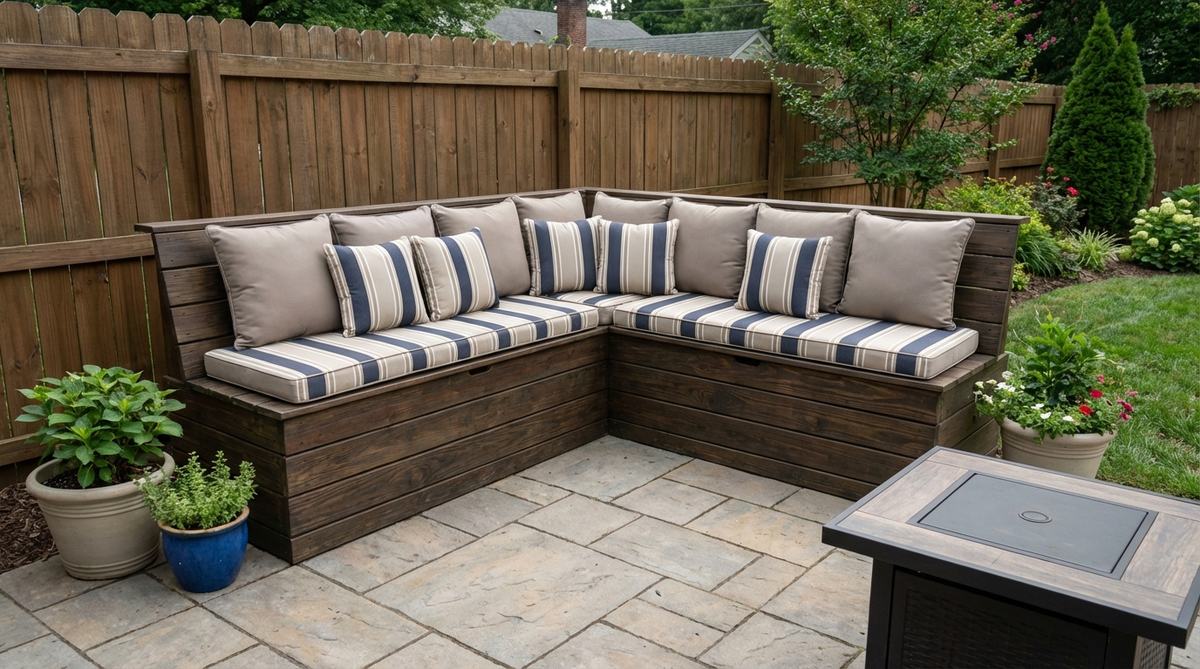 A built-in banquette seating arrangement for outdoor spaces, featuring fixed benches with back cushions to maximize seating in compact areas. Constructed from pressure-treated lumber or composite materials with hinged lids for hidden storage, upholstered in solution-dyed acrylic fabrics that resist fading and mildew, ideal for efficient and stylish outdoor decoration.