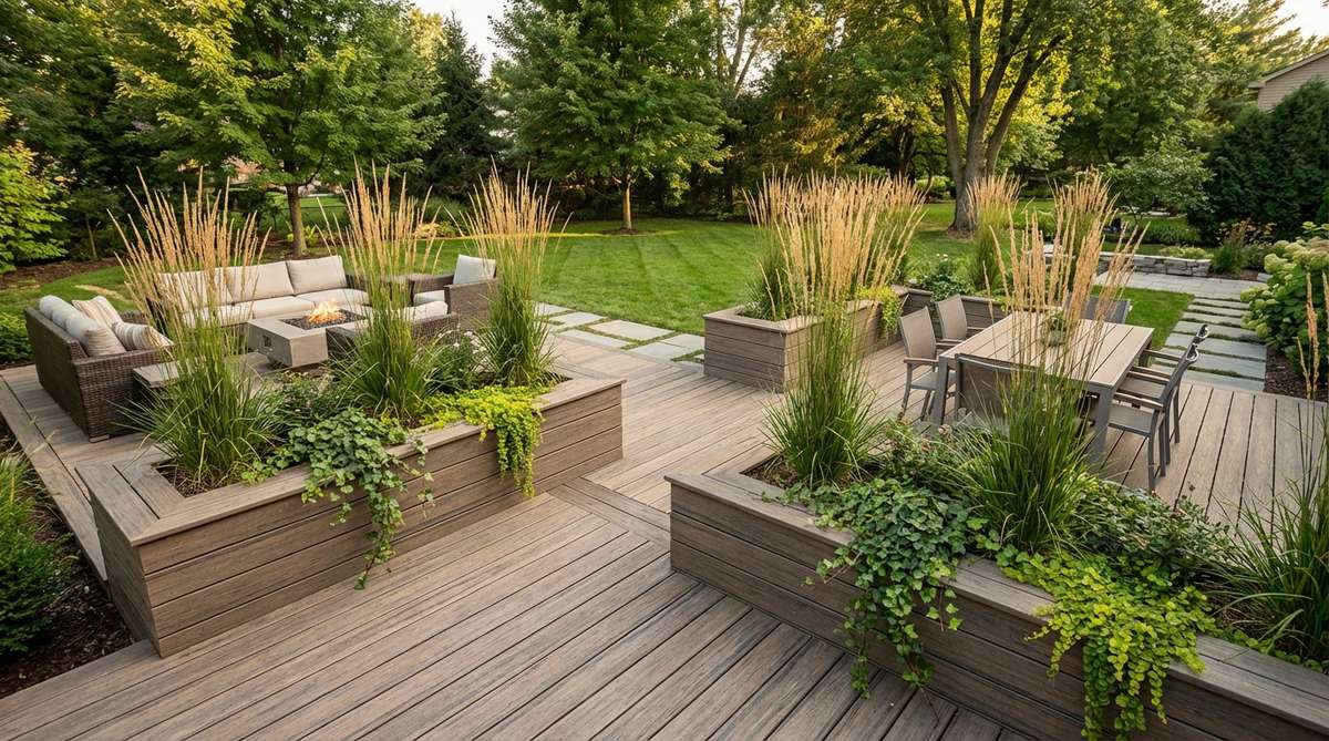 A small garden decking area with built-in planter dividers, featuring raised planters made from matching decking material, filled with ornamental grasses and trailing plants to create soft boundaries between seating zones, providing privacy and visual definition without solid screens.