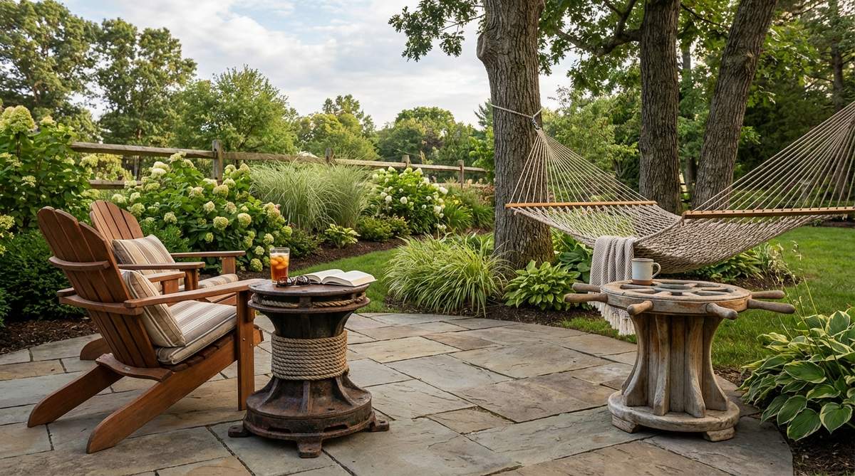 Repurposed ship capstans or capstan-inspired designs as distinctive side tables with maritime provenance. Cylindrical forms with radiating spokes reference mechanical devices used to raise anchors, perfect for positioning between lounge chairs or beside hammocks to hold drinks and books. Available as authentic antiques or reproductions in teak or aluminum, these sculptural pieces serve as decorative objects when not in use, with weathered finishes and rope-wrapped variations enhancing their seafaring character.