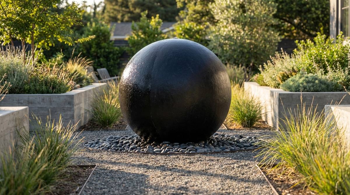A dense black basalt sphere carved into perfect geometric form, creating a powerful focal point in a modern garden. The dark volcanic stone absorbs light, appearing velvety in sunlight and gleaming when wet. Positioned on a minimal plinth or gravel bed, its spherical precision contrasts beautifully with natural elements.