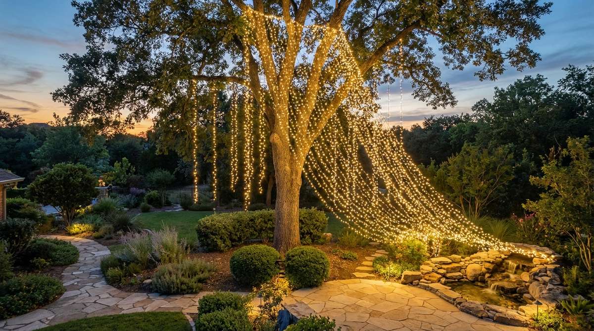 A cascading waterfall lighting installation on an outdoor tree, with lights attached to upper branches and draping downward to simulate flowing water effects, ideal for taller trees to enhance vertical movement illusions.