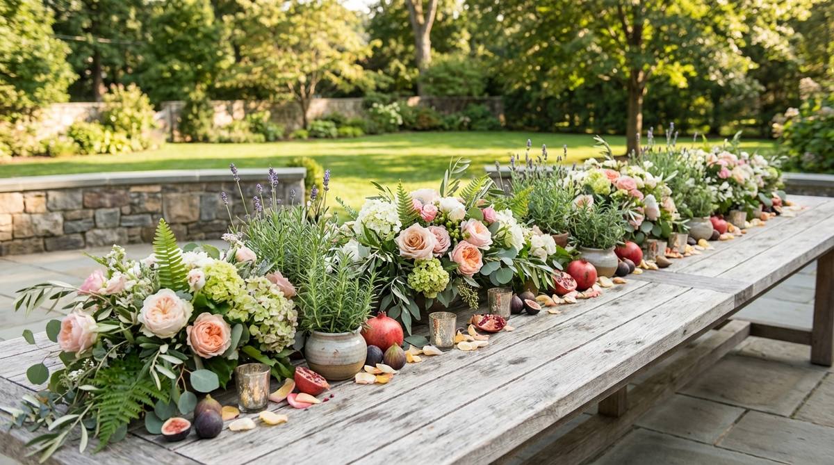A continuous floral arrangement running the length of a garden party table, featuring garden-cut blooms, trailing vines, herbs, and seasonal branches in varying heights to create a naturalistic meadow effect. Low vessels anchor the stems with scattered votives, fruit, and loose petals filling gaps for visual continuity.