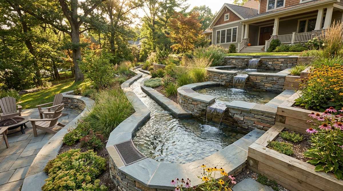 A terraced garden slope featuring narrow stone-lined channels that guide water in controlled streams. Each level includes small pools where water pauses before cascading to the next terrace, with mortared flagstone channels set at precise slopes. The design incorporates functional drainage with grates for debris filtration and a recirculation system, adding both visual motion and soothing water sounds to the landscape.