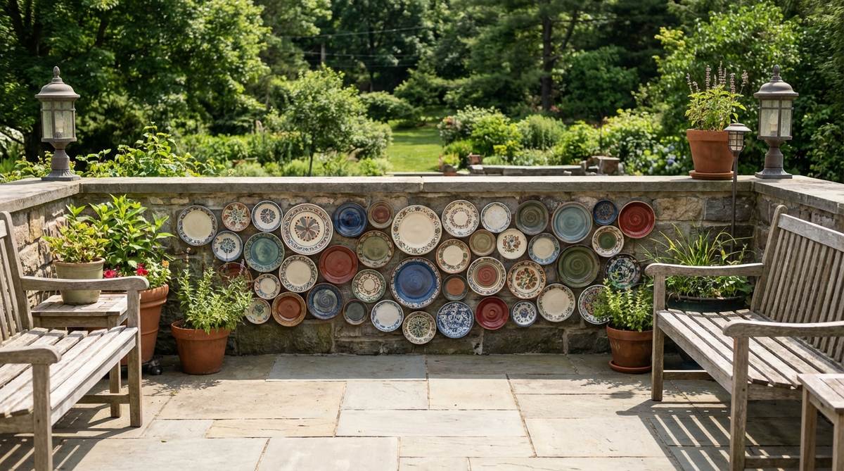A collection of weatherproof ceramic and porcelain plates arranged in an asymmetric cluster on a balcony wall, showcasing folk-art charm with mixed patterns and colors for an eclectic display.