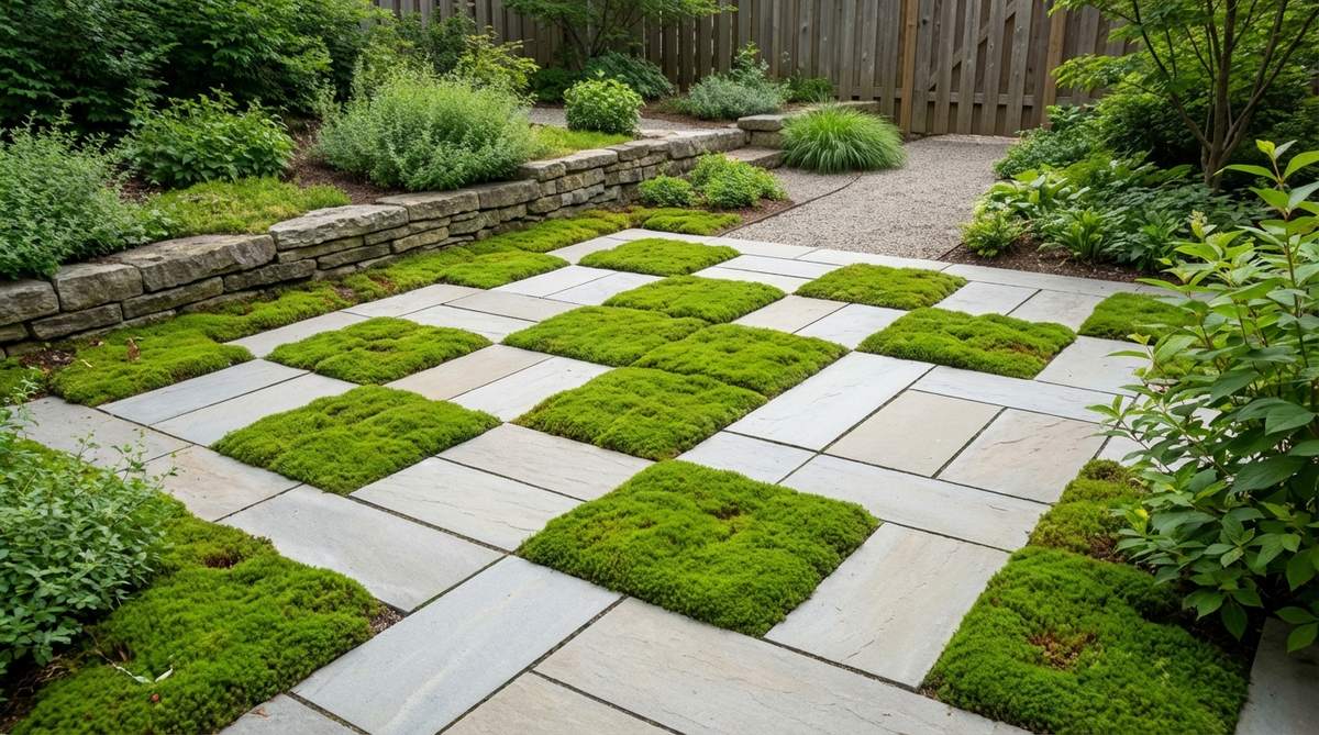 A geometric Japanese garden pattern featuring alternating squares of Thuidium tamariscinum moss and flat paving stones, creating a modernist interpretation of traditional temple gardens with sharp boundaries between soft moss textures and angular stone edges.