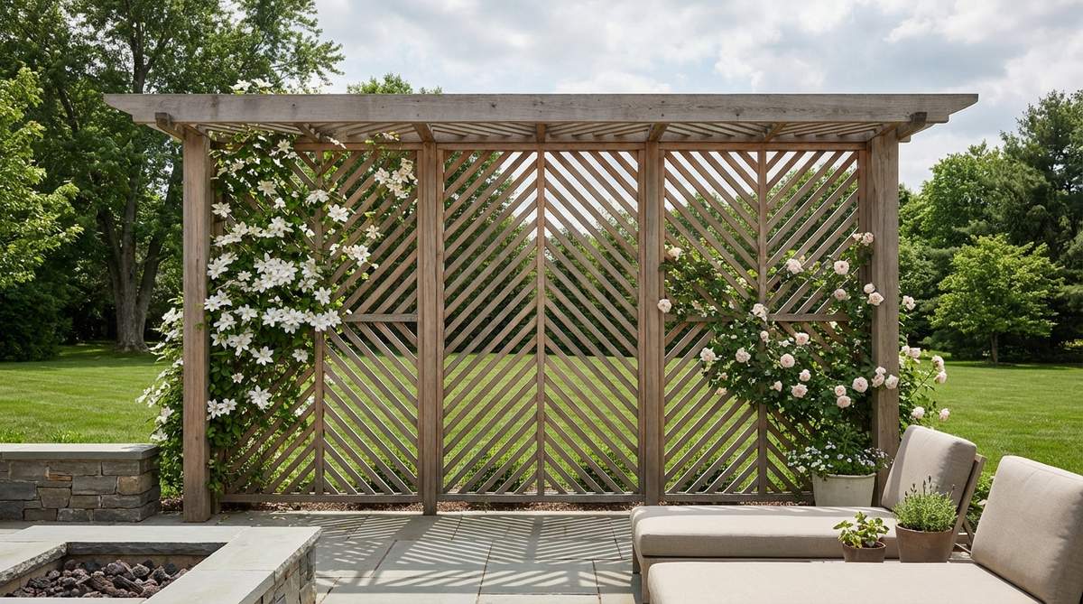 A modern garden trellis featuring wood slats arranged in a precise chevron or herringbone pattern, creating dynamic visual movement and geometric elegance. The angled orientation produces interesting light and shadow patterns throughout the day, making it both a functional screen and decorative architectural feature. Ideal for pairing with climbing plants like clematis or roses that partially reveal the intricate woodwork beneath.