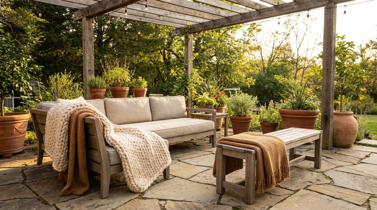 Oversized knit blankets in wool or cotton, draped over a sofa or folded at a bed footboard, adding dimensional texture and cozy, tactile warmth to earthy boho spaces.
