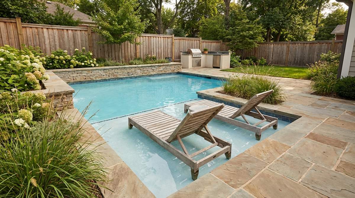A compact cocktail pool with a tanning ledge in a small garden setting, featuring lounge chairs placed in shallow water for sunbathing and social entertaining.