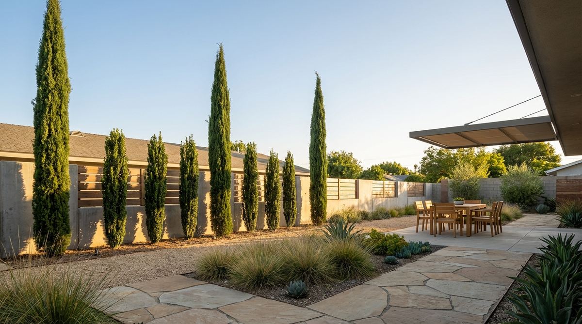 Italian Cypress and Sky Pencil Holly trees serving as vertical accents in a mid century modern garden design, planted in odd-numbered groups along property boundaries with clean geometric spacing.