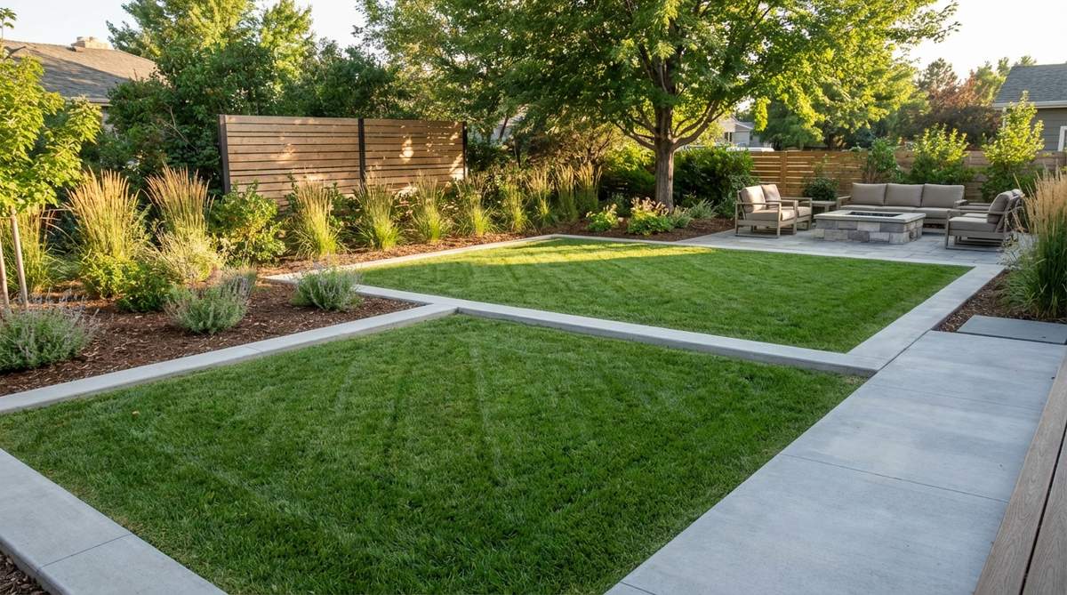 A modern garden design featuring concrete-edged lawn panels, where turf areas are bordered by flush concrete edging to create distinct green panels. This crisp demarcation prevents grass encroachment into adjacent beds, with the edging installed level to the lawn surface to allow mower wheels to roll over, eliminating the need for tedious edge trimming.