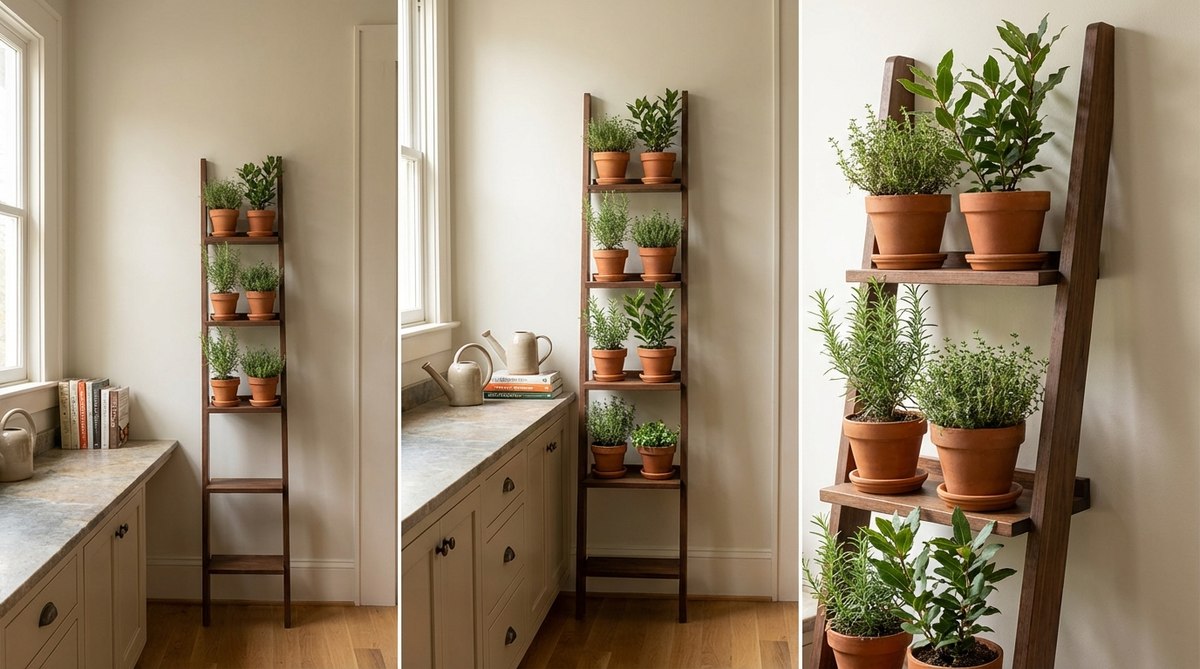 A slender ladder shelf placed in a kitchen corner, creating a vertical herb garden with pots at varying heights, ideal for growing herbs like rosemary, bay, and thyme in indirect sunlight.