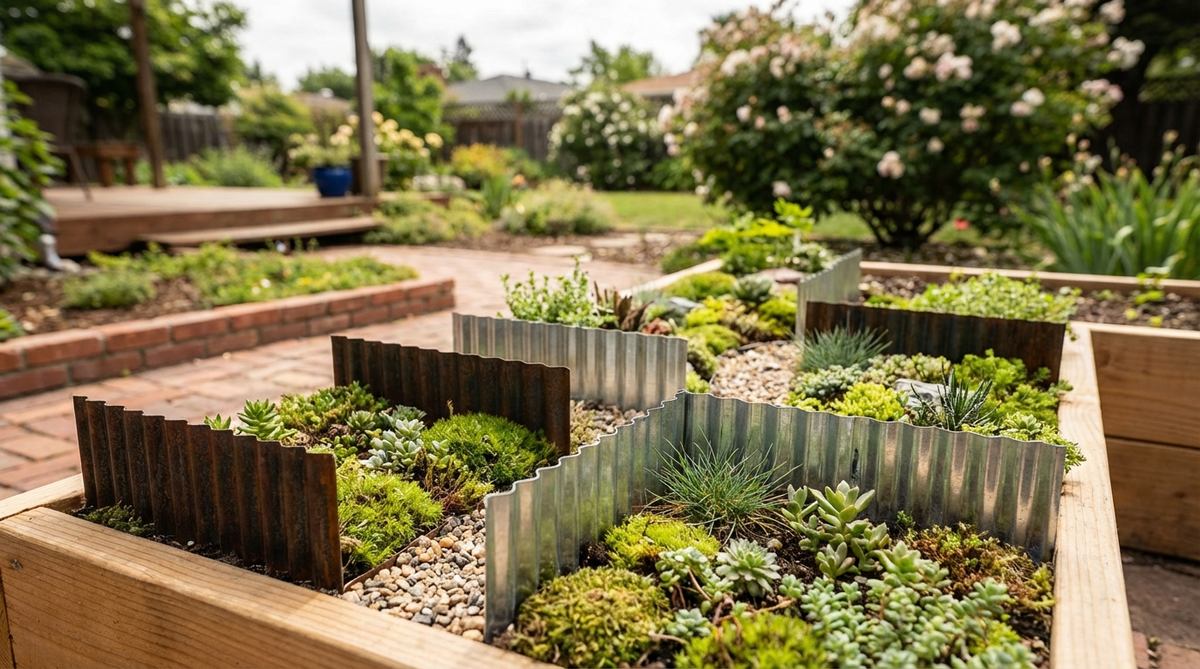 Miniature corrugated metal panels used as decorative fences in terrariums and miniature gardens. These industrial-style panels feature a repeating wave pattern that adds texture while maintaining clean geometric lines. Available in weathered steel or galvanized silver finishes, they provide visual separation between planting zones and can be installed freestanding at 1.5-inch heights.