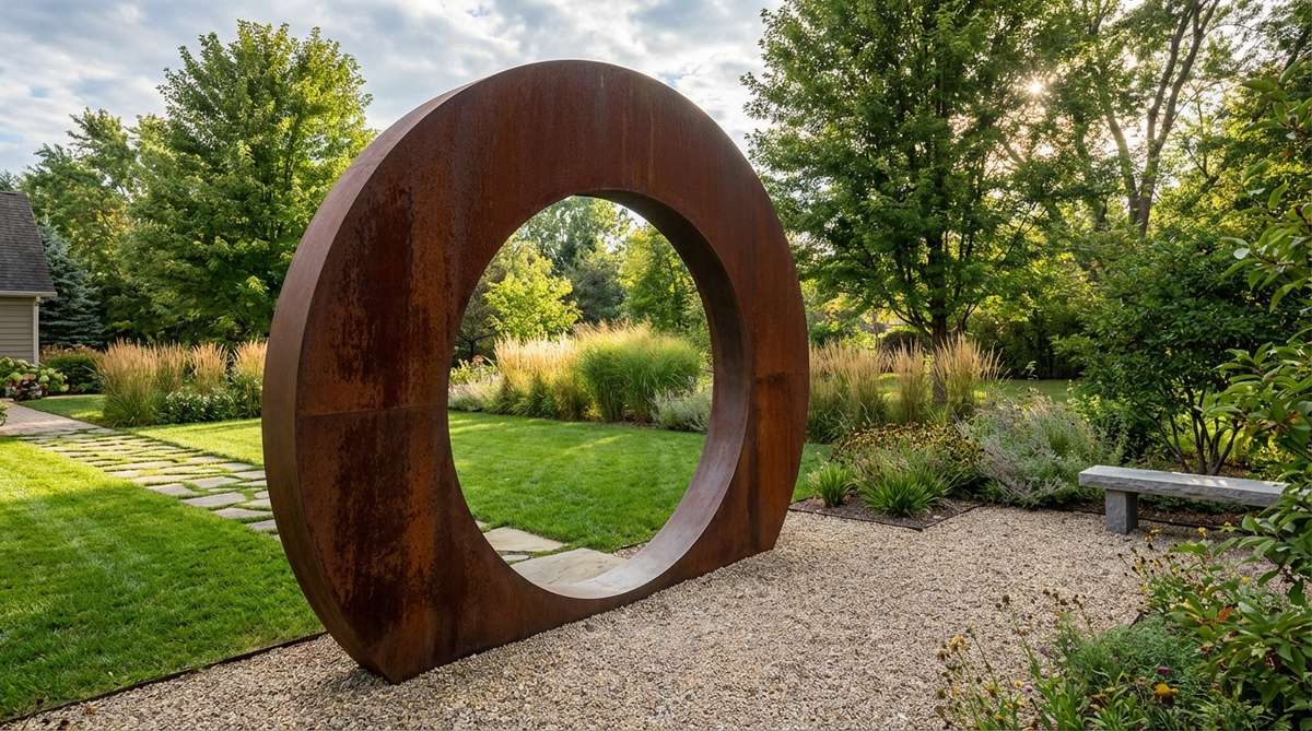 A contemporary garden sculpture featuring a circular portal frame made of weathering steel, inspired by Taoist symbolism. This Corten Moon Gate Portal creates dramatic threshold moments with its rusty surface that develops rich textural variation over time, enhancing the ancient symbolic form. It is designed to frame specific views or mark transitions between distinct garden rooms, adding narrative depth through cultural significance representing renewal and good fortune in modern landscapes.