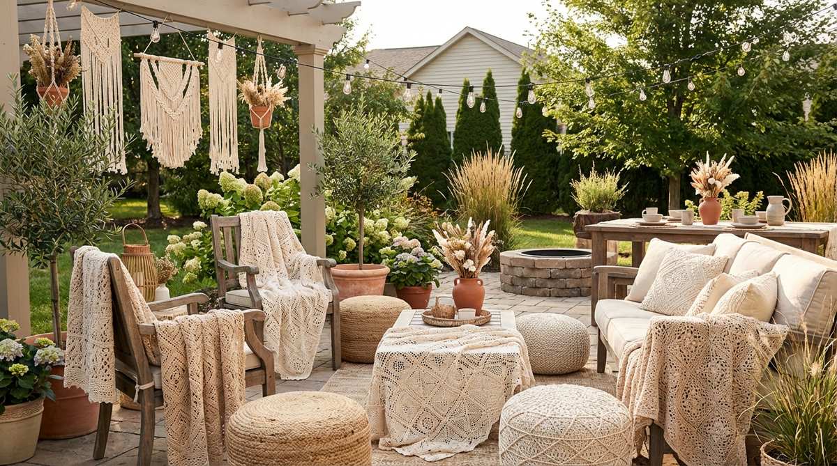 Handmade crocheted throw blankets draped casually over seating areas to add intricate textile patterns and visual texture to boho party decorations. Neutral cream, beige, and natural cotton tones complement floral and lighting elements.