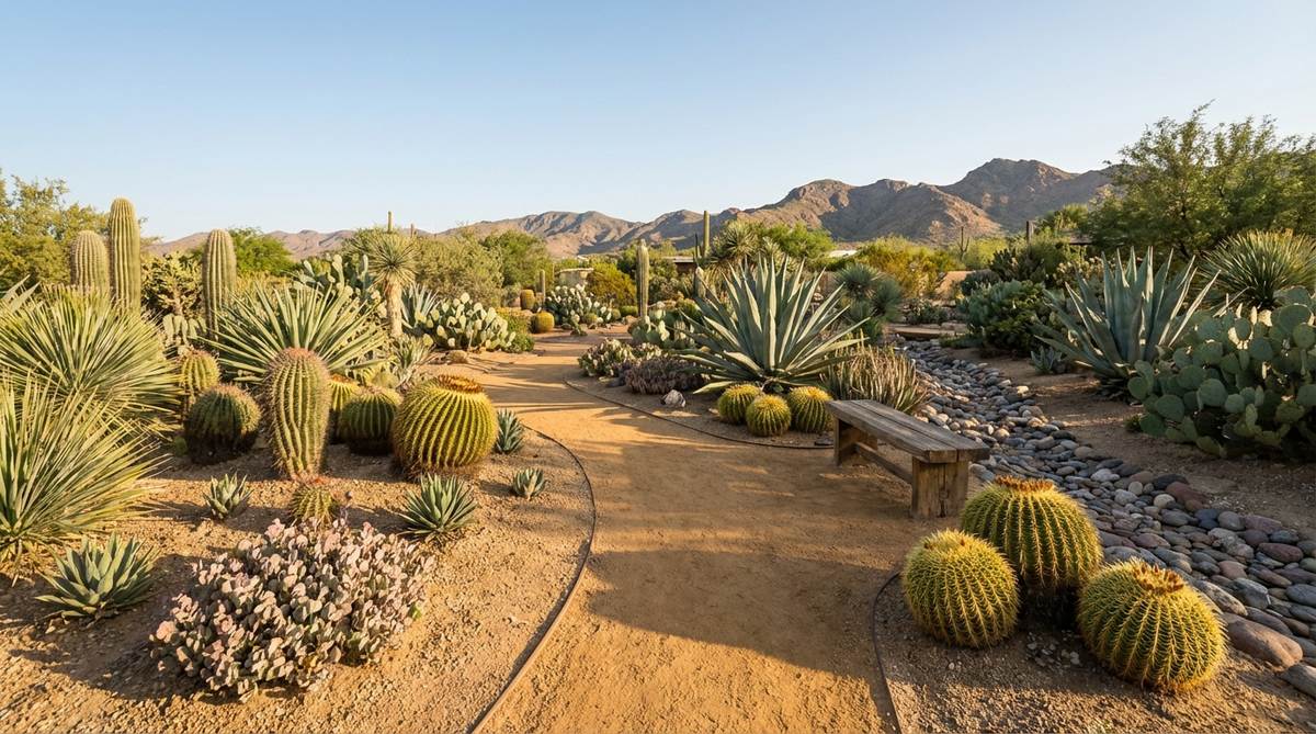 A water-conserving desert garden with decomposed granite surface, showing native succulents and cacti planted through the compacted granite layer for authentic regional character.