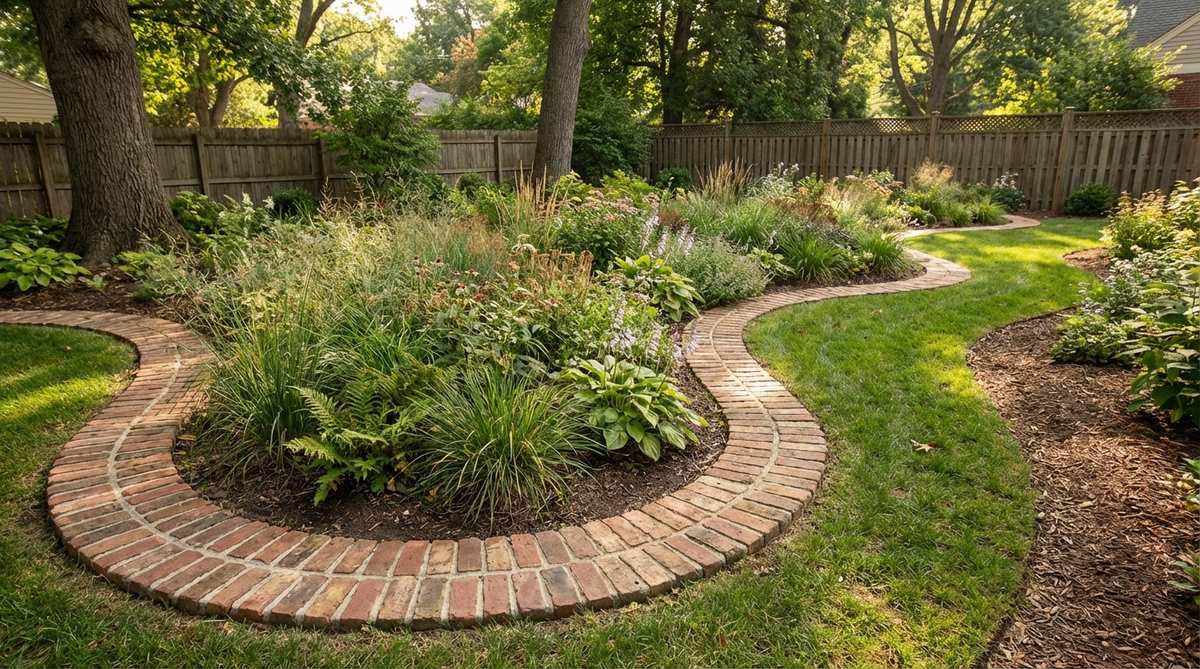 A garden border featuring bricks laid horizontally in gentle organic curves, embracing naturalistic garden shapes and softening hardscape transitions. The bricks follow flowing lines with slightly wider joints on the outer radius, demonstrating how formal materials can adapt to informal design philosophies popular in American landscape traditions.