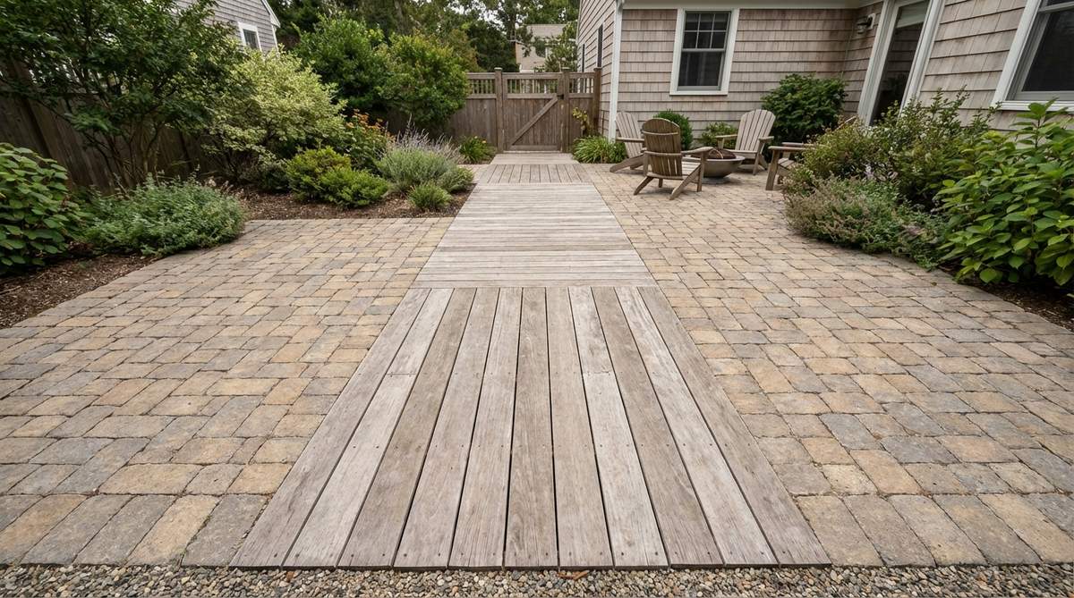 A small garden patio design featuring decking strips running through a paver field, creating a circulation path that guides foot traffic with directional emphasis. The deck boards are 2-4 feet wide for comfortable two-person passage, installed on a base of compacted aggregate that supports both pavers and decking loads, ideal for side-yard access routes.