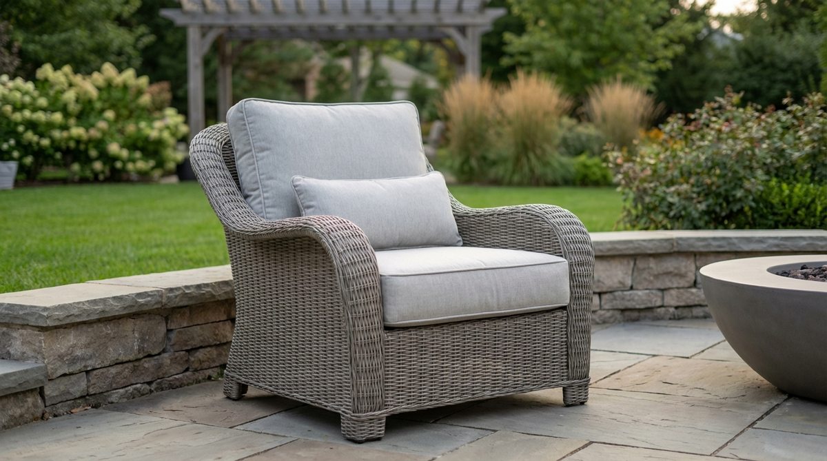 An oversized deep-cushion club chair with a removable lumbar pillow for enhanced comfort and postural support. Features a 26-inch seat depth, all-weather wicker construction for ventilation, wide armrests for convenience, and a neutral gray finish that complements modern garden furniture settings.