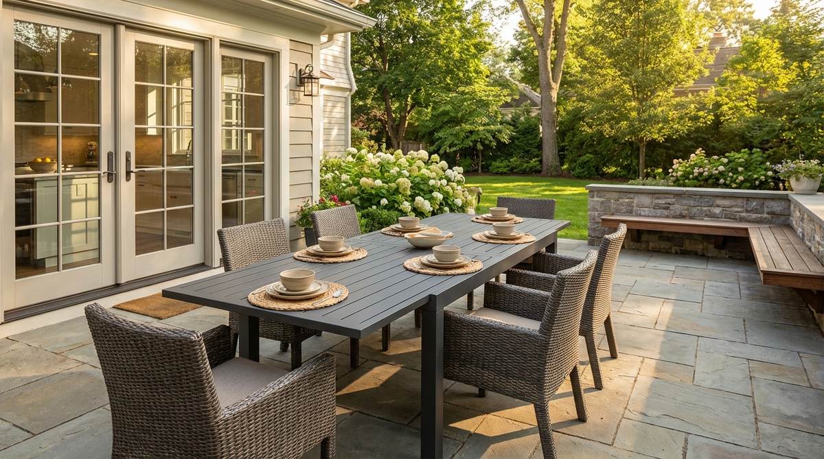 An outdoor dining area featuring an expandable aluminum table with powder-coated finish, positioned near kitchen access for convenient serving. The design shows proper clearance between table and fixed elements for comfortable chair movement.