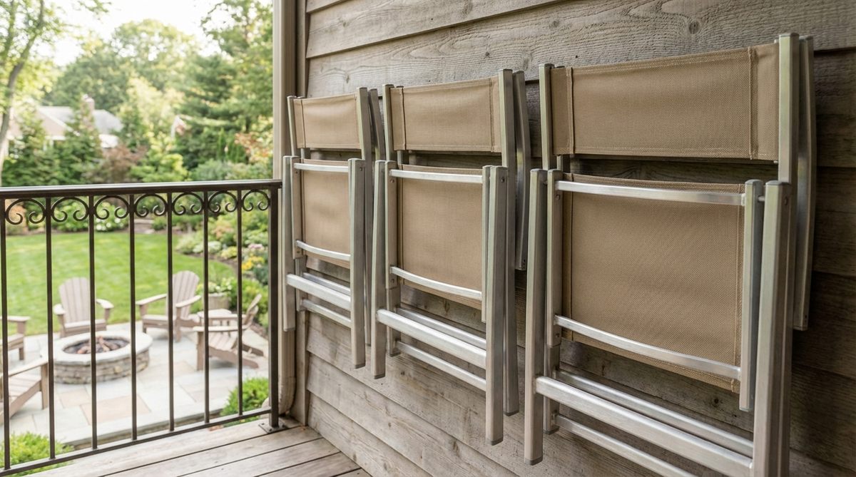 Classic director's chairs with aluminum frames and replaceable Sunbrella canvas slings, folded flat for storage on a balcony. The chairs offer upright seating with back support and suit both contemporary and eclectic aesthetics.