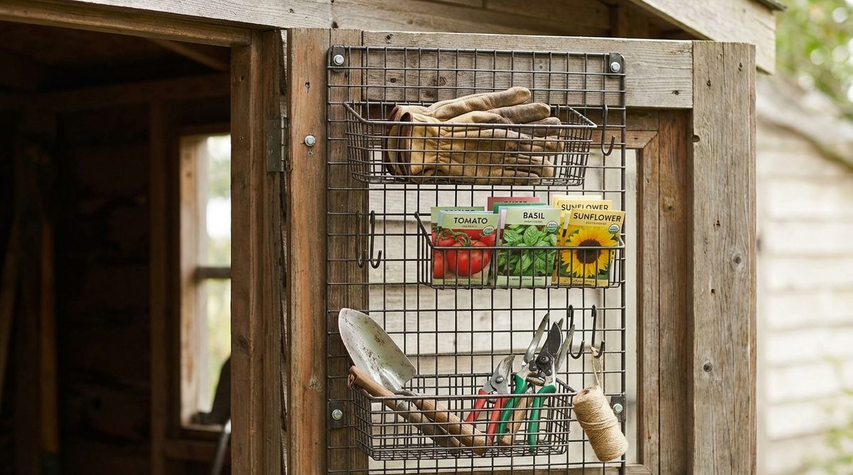 A close-up photo showing a door-back organizer mounted on the interior of a small garden shed door, featuring wire baskets and tool holders filled with gardening gloves, seed packets, and hand tools, with secure hardware attached to the door framing for stability.