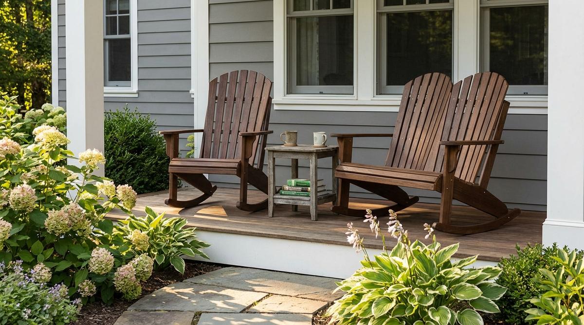 A pair of double rocking chairs arranged on a porch, positioned at slight angles to encourage conversation, with side tables between them holding beverages and reading materials. The chairs feature traditional slat-back designs suitable for country aesthetics or Adirondack-style rockers for a casual look, creating cozy seating without taking up much floor space.