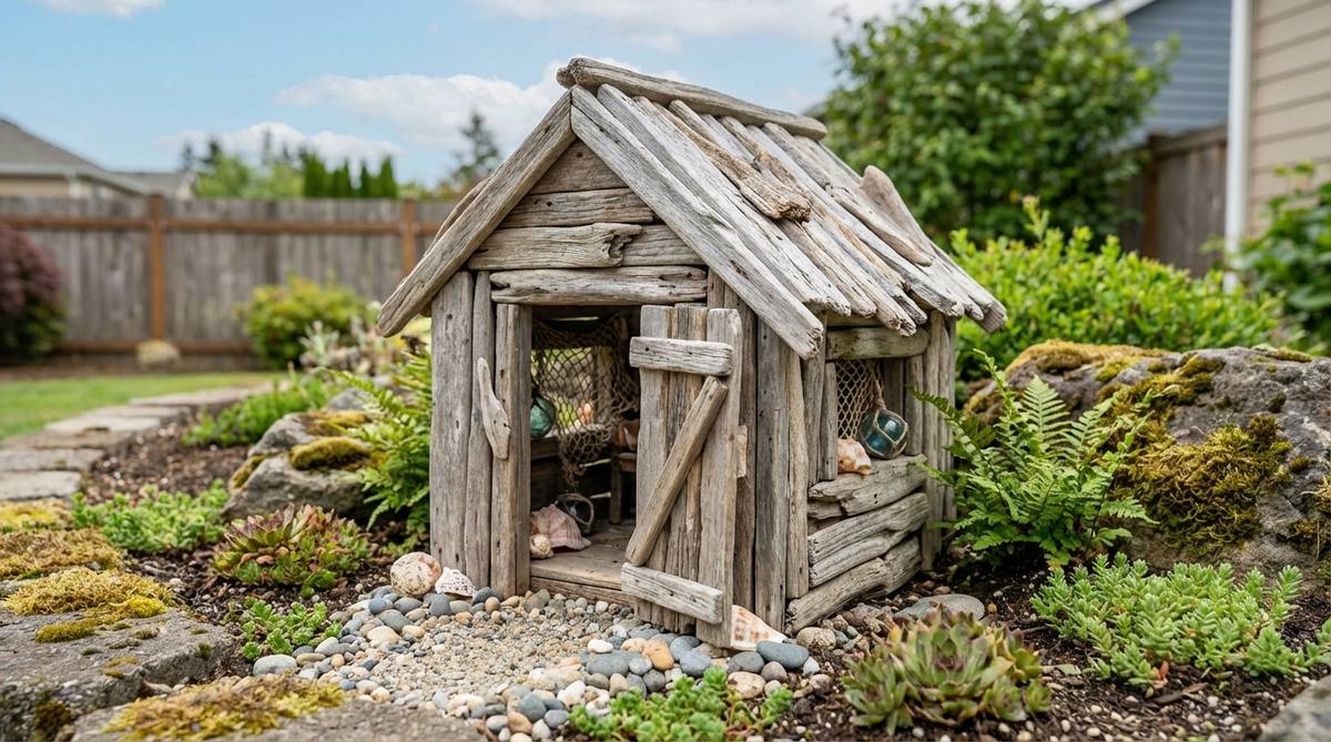 A miniature fairy garden shed made from silvered driftwood pieces arranged in irregular patterns, resembling storm-salvaged coastal construction. Features gaps between boards revealing interior details like fishing nets and seashells, designed for placement on sand or pebble beaches within fairy landscapes.