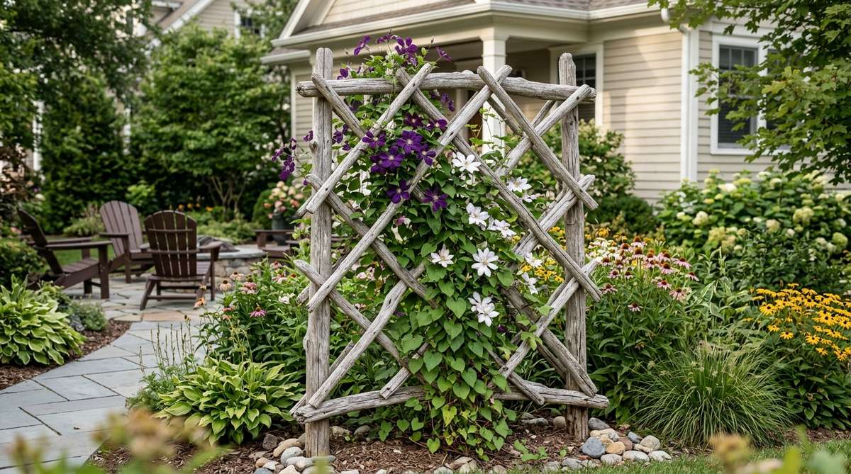 A natural driftwood trellis assembled into a lattice pattern, supporting climbing vines like clematis or morning glory. The organic structure blends into garden settings, creating a living sculpture with textural interest throughout the seasons.