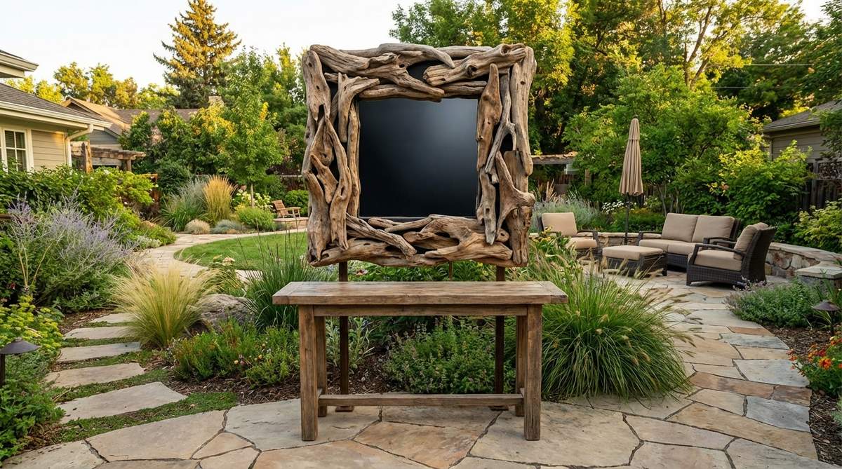 A natural weathered driftwood mirror with black backing, featuring organic wood pieces arranged around a dark center that highlights the twisted shapes and reflects light. This statement piece adds warmth and visual impact to boho decor, perfect for placement above a console table or dresser.