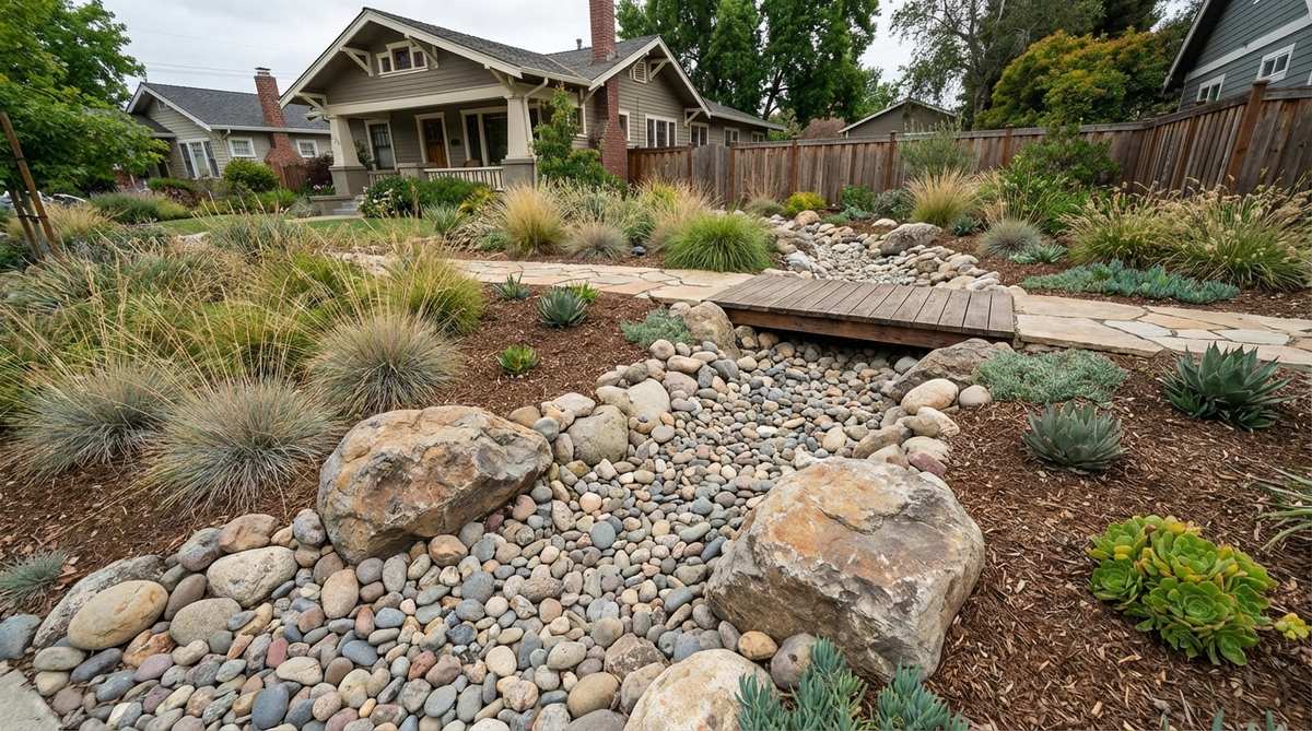 A naturalistic dry creek bed made with river rocks and boulders, arranged to simulate a seasonal stream for drainage and erosion control in outdoor decor.